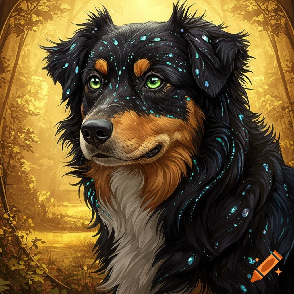 A majestic black and tan Australian Shepherd with bright green eyes and glowing blue specks on its fur, in a golden fantasy forest digital painting.