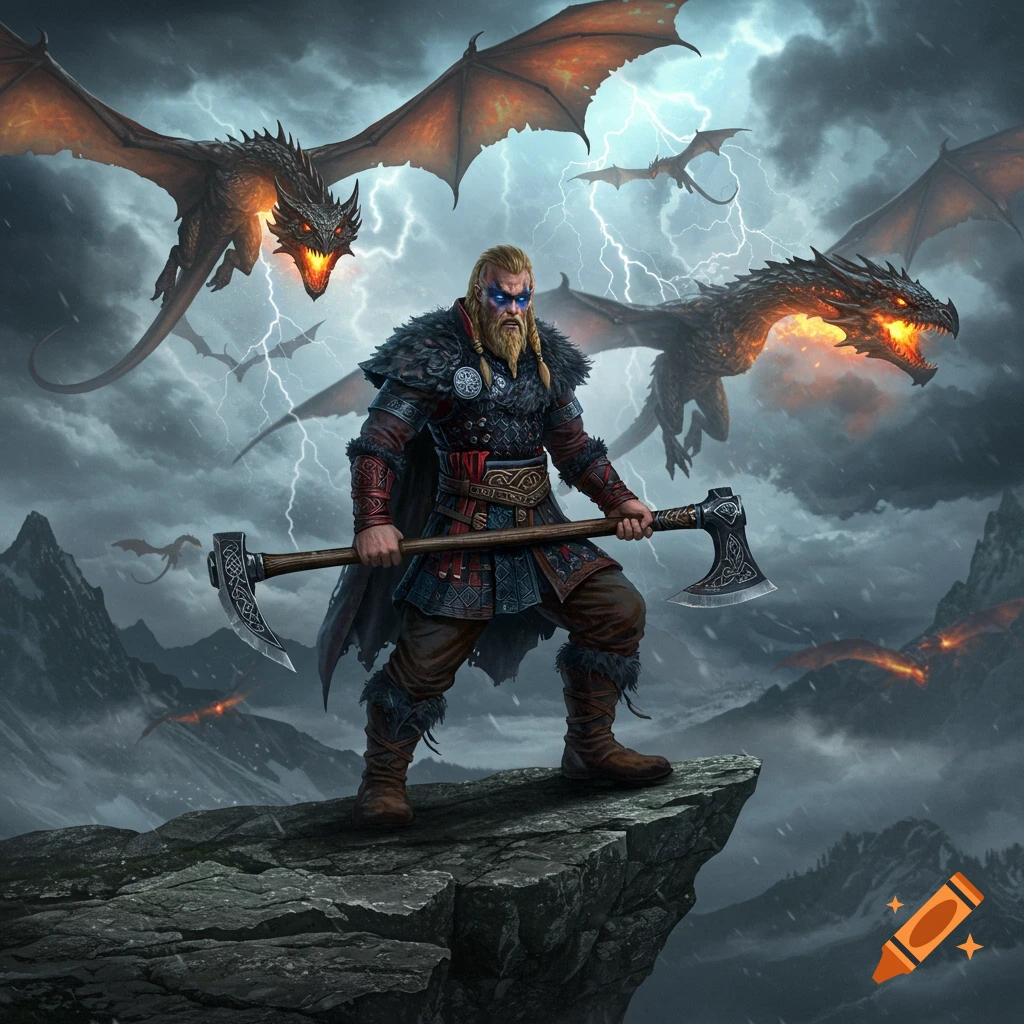 A powerful Viking warrior stands on a cliff, holding a double-bladed axe, as multiple dragons fly through a stormy, lightning-filled sky.