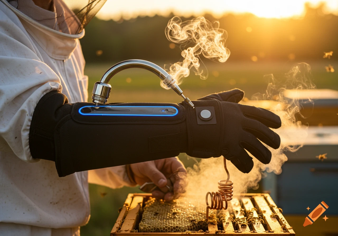A beekeeper in a white suit uses a black high-tech gauntlet with a chrome nozzle and blue LED to emit smoke over a beehive at sunset.