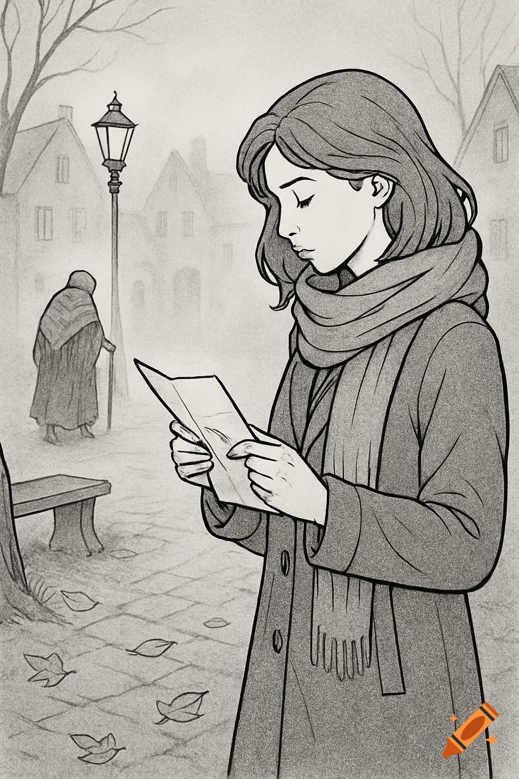 Grayscale line art illustration of a young woman in a coat reading a letter in a foggy village square with an old woman walking away.
