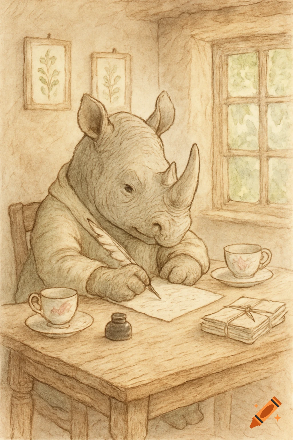 A rhinoceros in a coat sits at a wooden table, writing a letter with a quill, in a Beatrix Potter illustration style.