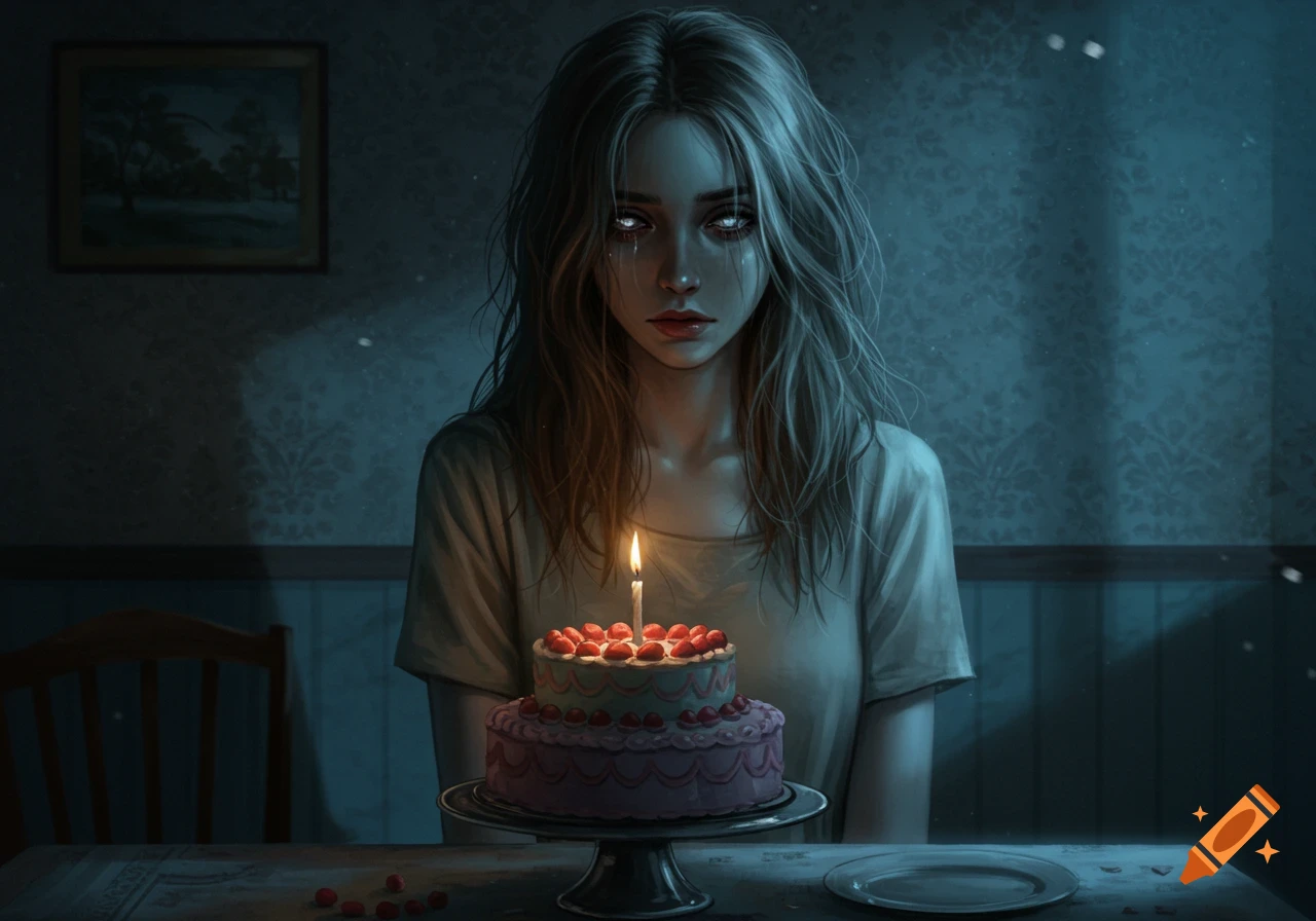 A sad woman with glowing white eyes sits alone at a table with a lit birthday cake in a dark, moody room. Digital art.