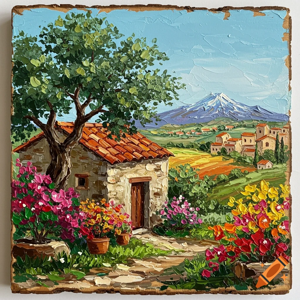 Vibrant impasto painting of a rustic Mediterranean landscape with a stone house, olive tree, colorful flowers, fields, and Mount Etna under a blue sky.