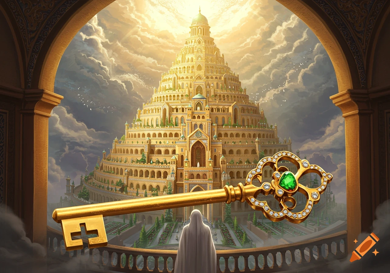 A large golden key with a green gem in front of a robed figure on a balcony overlooking a grand, tiered golden palace under a bright sky.