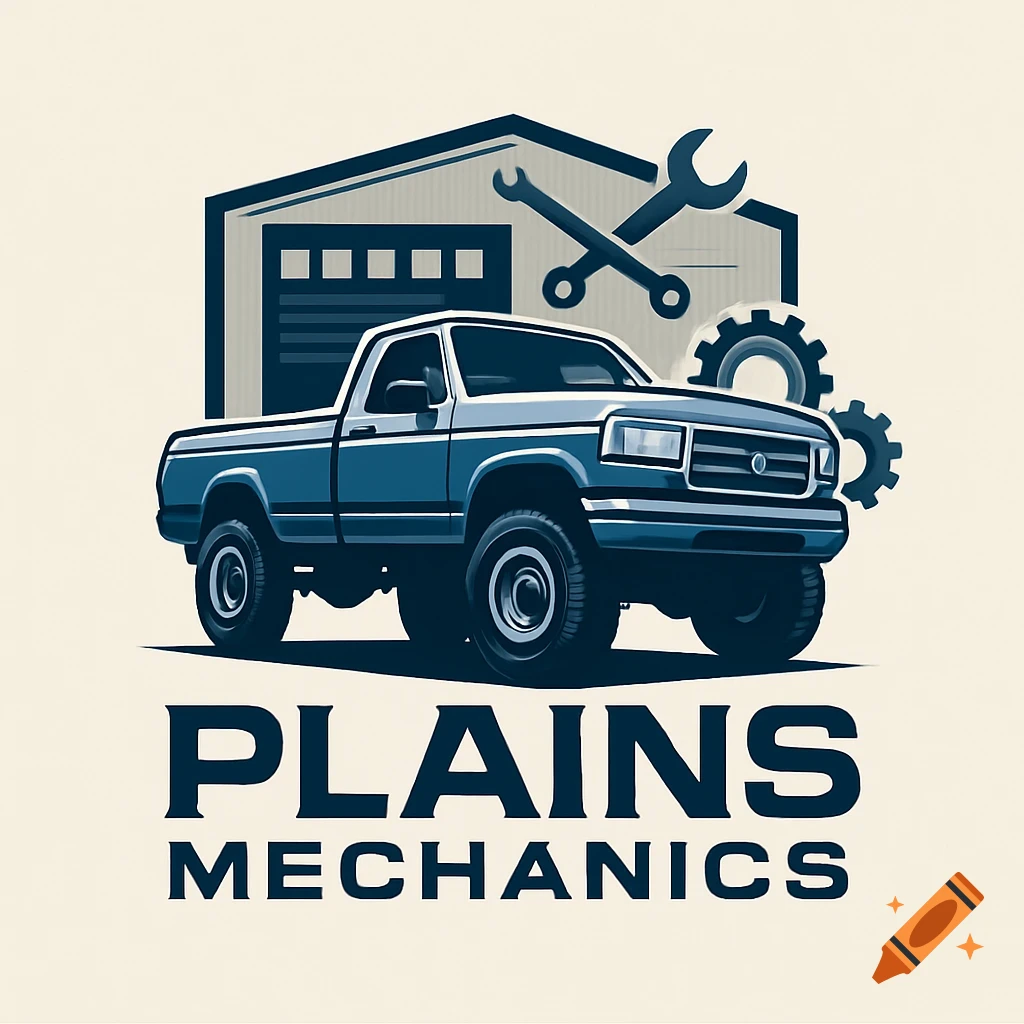 Logo for Plains Mechanics featuring a blue pickup truck in front of a garage with crossed wrenches and gears.