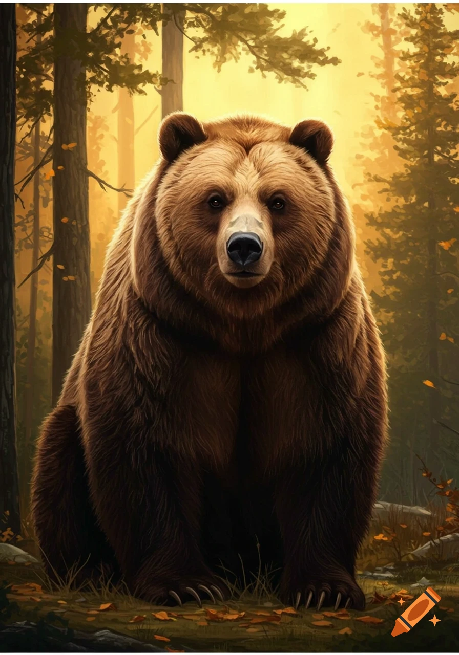 A large brown bear sits in a sun-drenched forest, looking directly forward. Fallen leaves are on the forest floor.