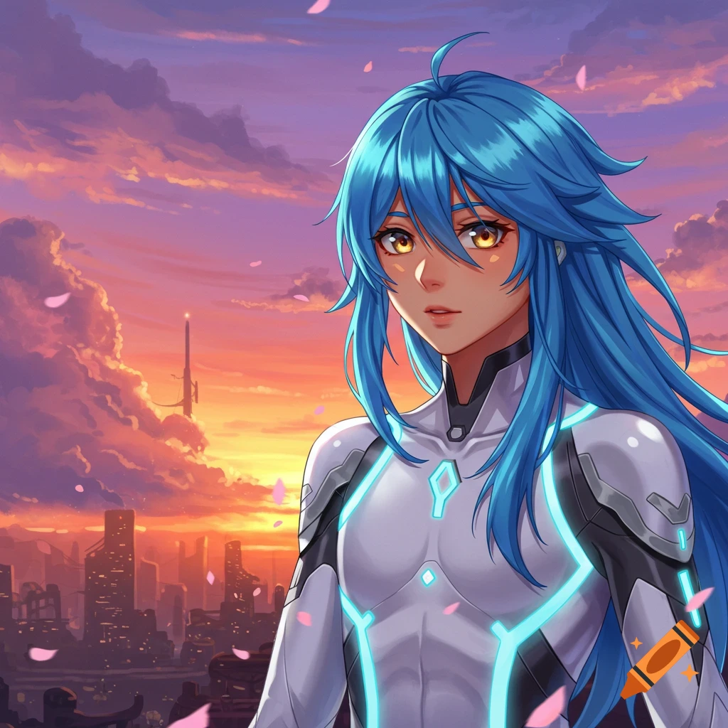 An anime character with long blue hair and golden eyes wears a white futuristic suit with glowing blue accents, standing before a vibrant sunset cityscape with pink petals falling.