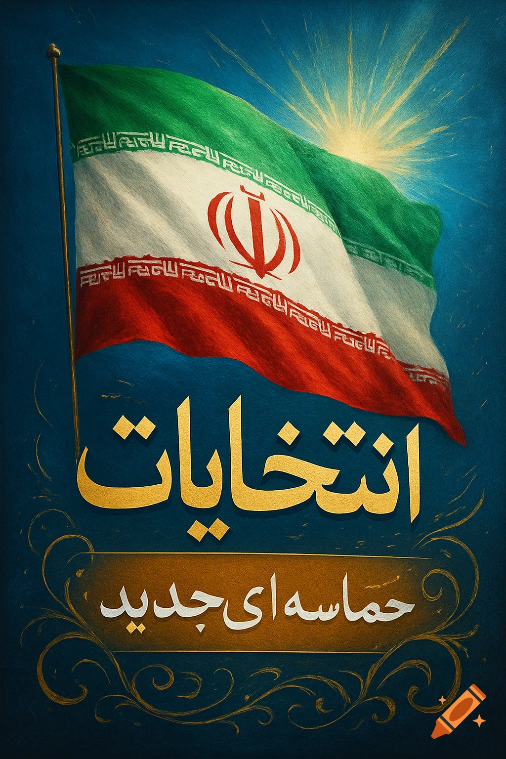 An election poster in a painted style features a waving Iranian flag against a blue sky with a sunburst. Gold Persian text reads "Elections" above a banner with "A New Epic" written in white.