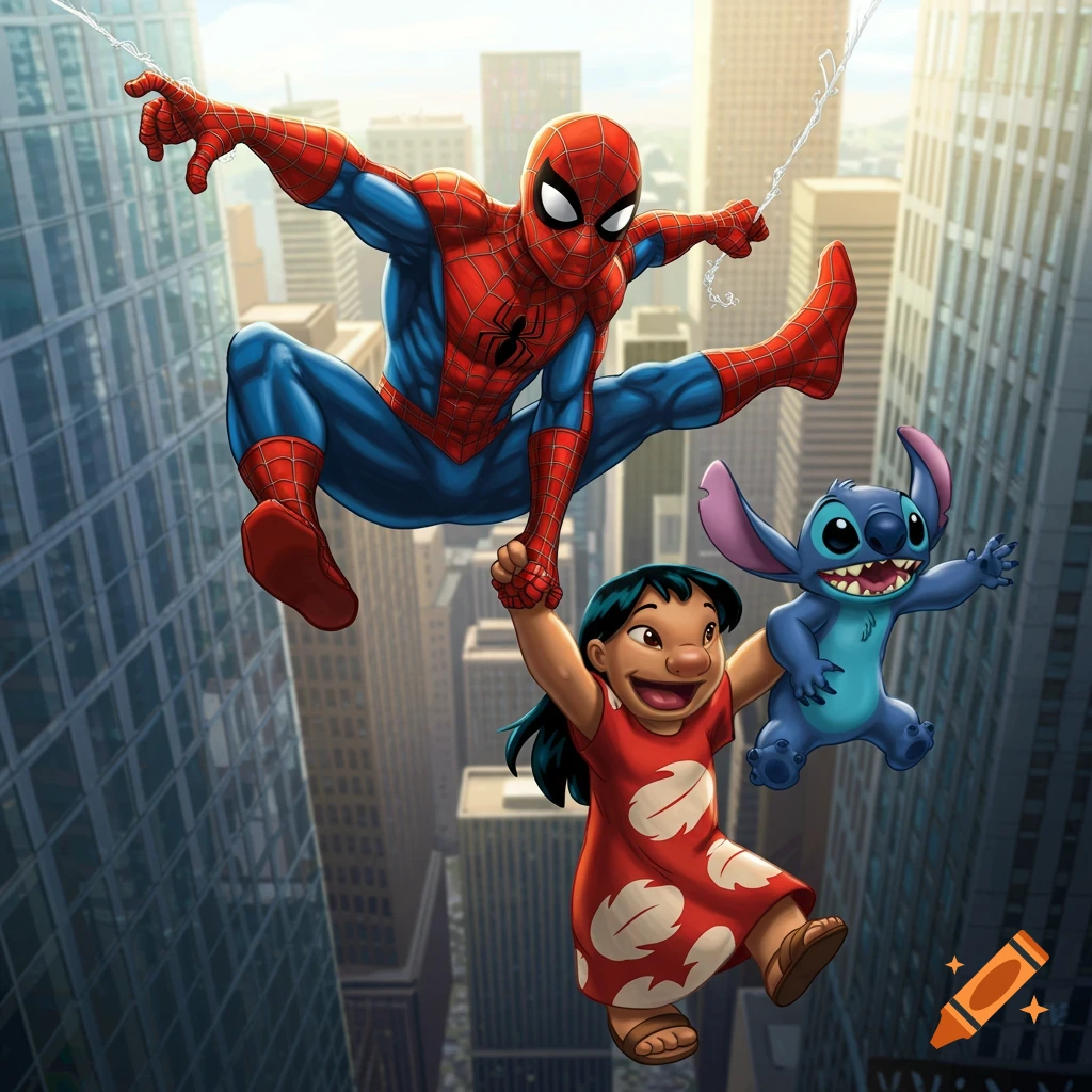 Spider-Man swings through a city, holding Lilo by the hand, who holds Stitch. All three characters are smiling.