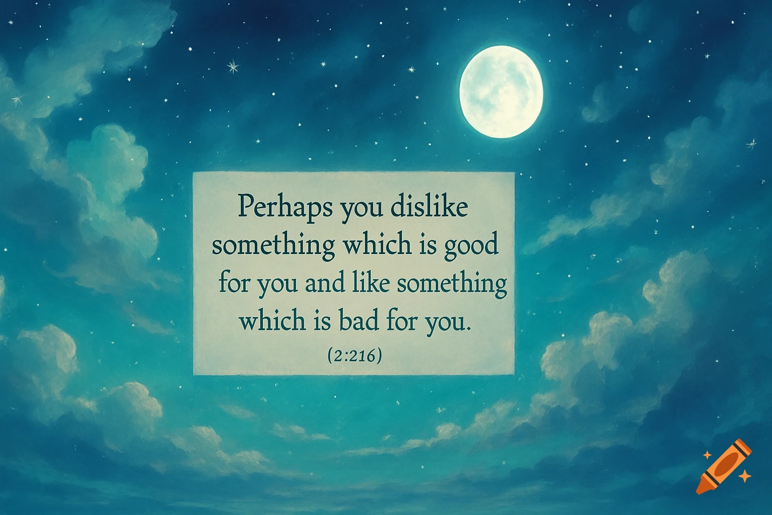 A quote on a white rectangle against a deep blue starry night sky with fluffy clouds and a bright full moon, in a Ghibli-esque style.