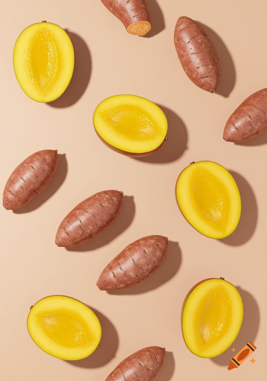 Multiple whole sweet potatoes and halved mangoes with bright yellow flesh scattered on a light pink background.
