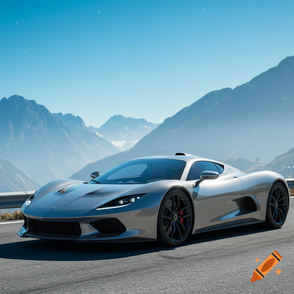 A photorealistic silver hypercar on a winding mountain road under a clear blue sky, with majestic mountains in the background.