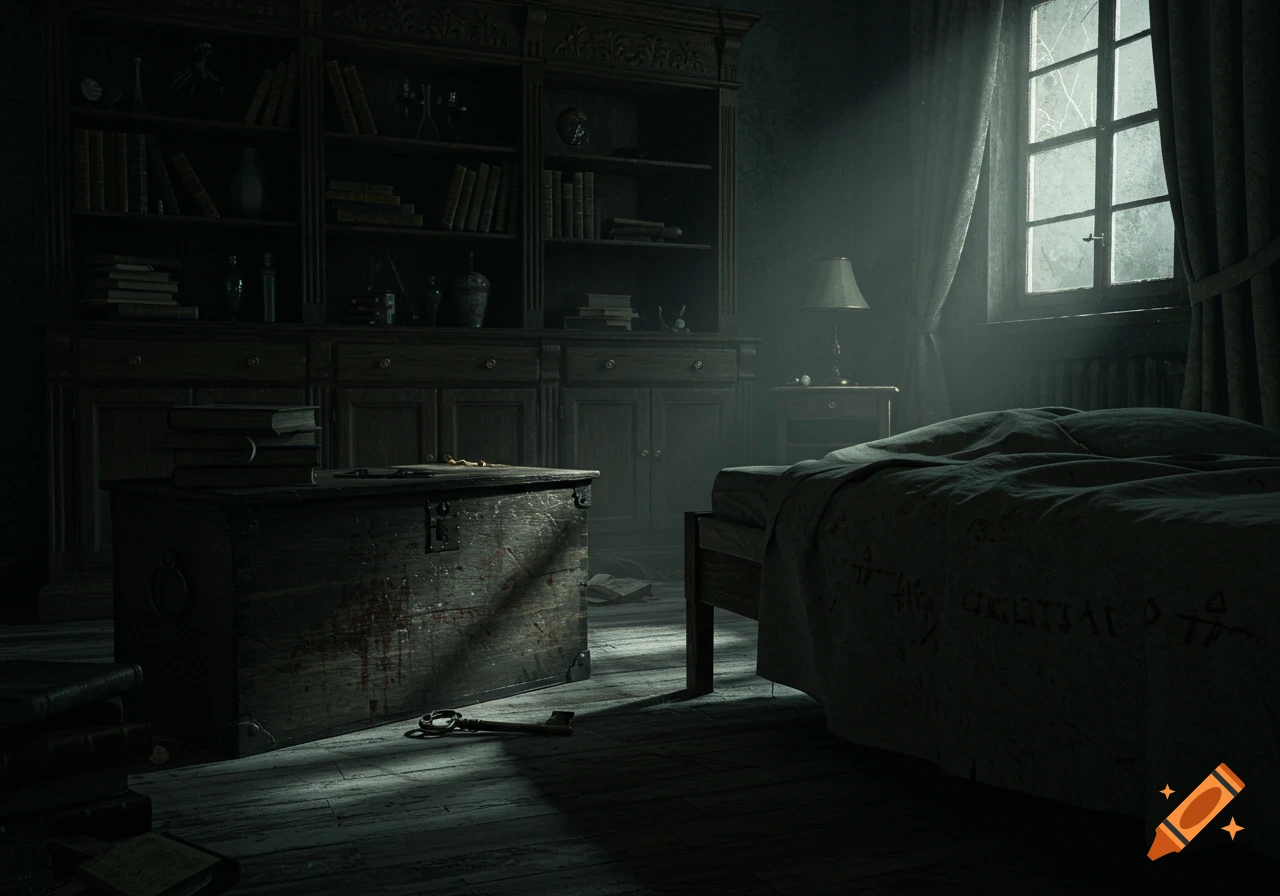 A dimly lit, eerie bedroom with an old wooden chest, books, a shelf, and a bed with mysterious markings, lit by a window.