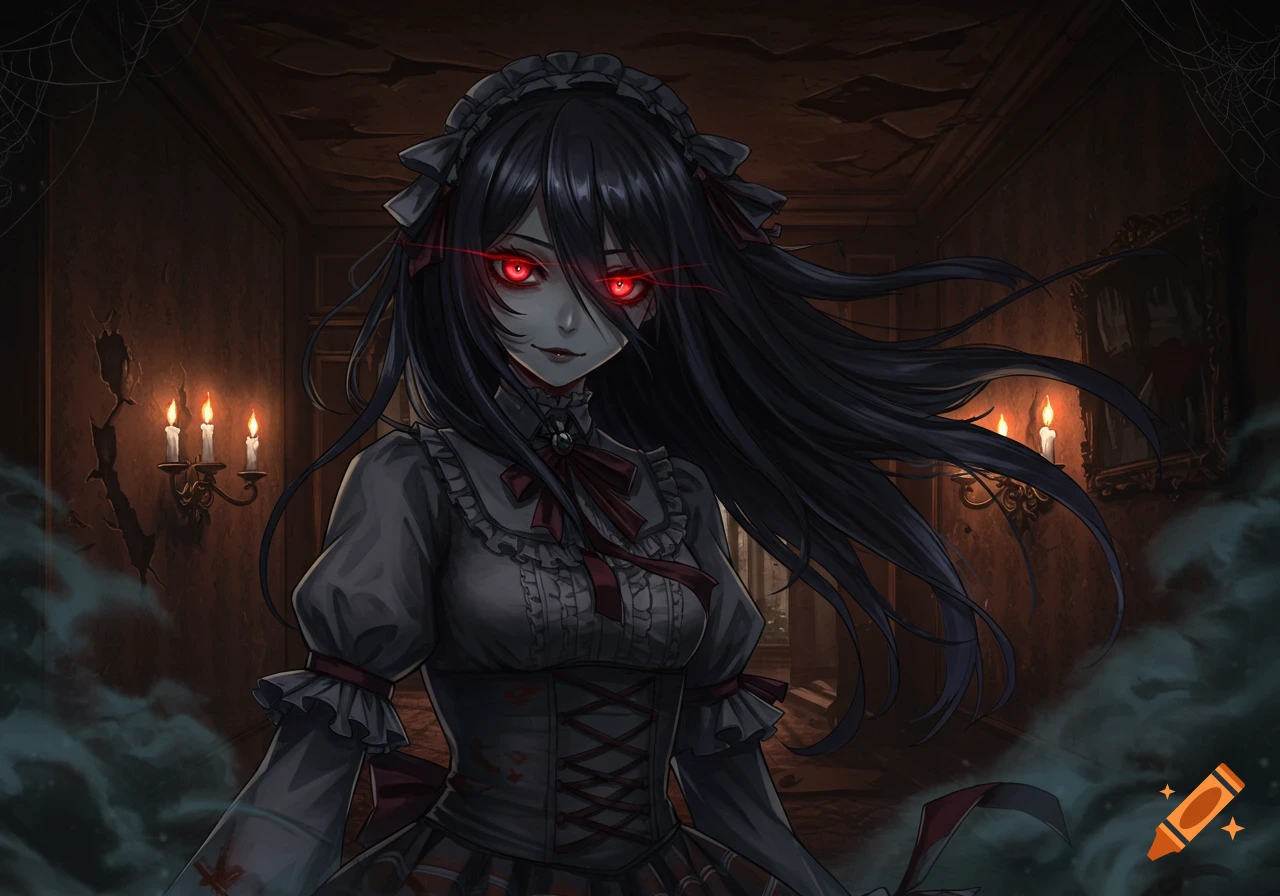 A creepy anime girl with glowing red eyes, pale skin, and dark hair in a maid dress, standing in a dark, cobwebbed room with candles.