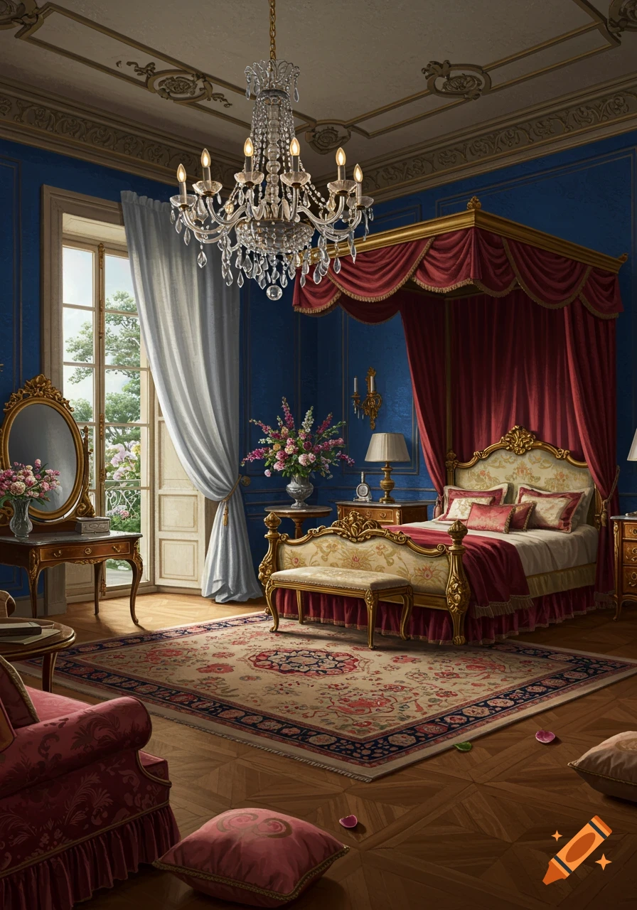 A luxurious, ornate bedroom with a red canopy bed, crystal chandelier, dressing table, blue walls, patterned rug, and a large window.