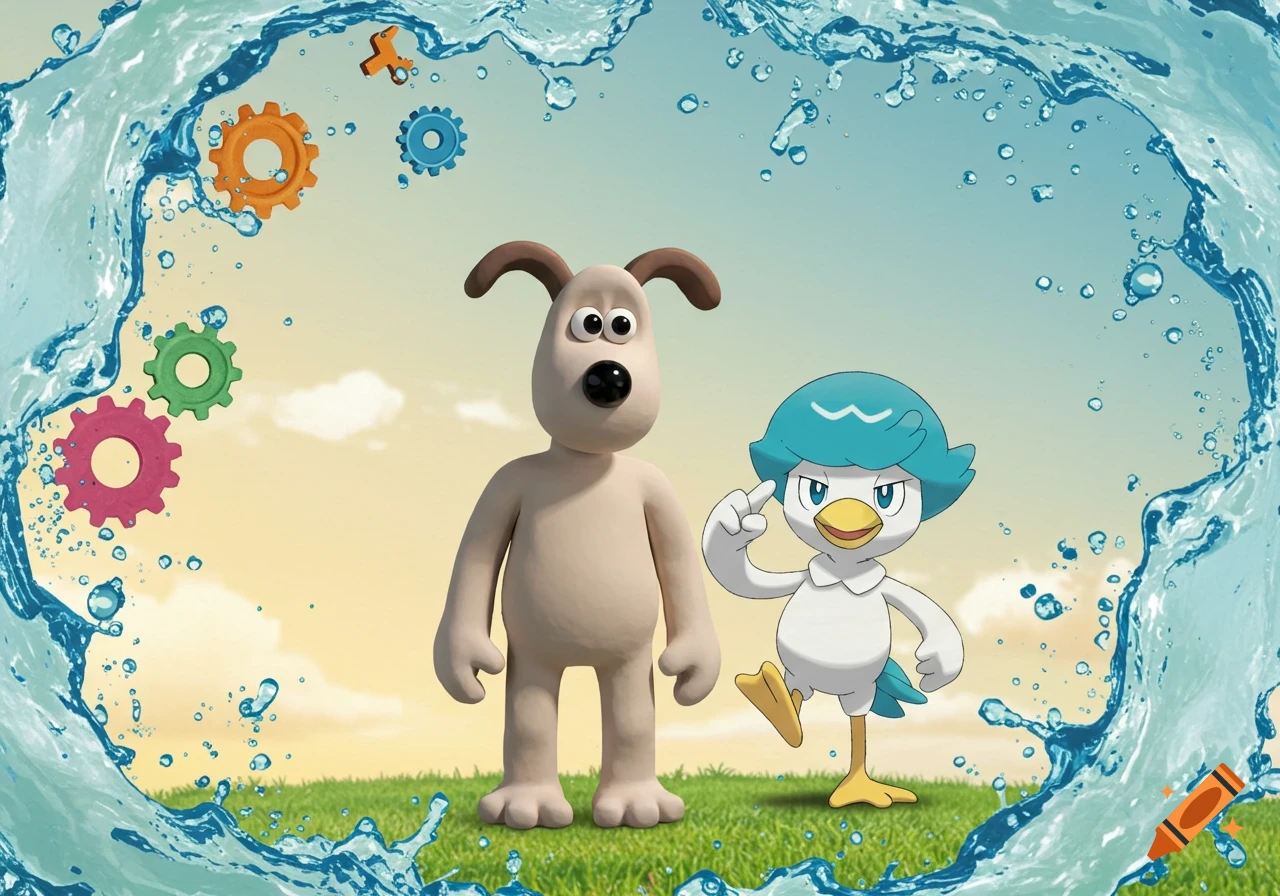 Gromit and Quaxly stand on green grass surrounded by splashing water and floating colorful gears under a blue and yellow sky, in a cartoon style.