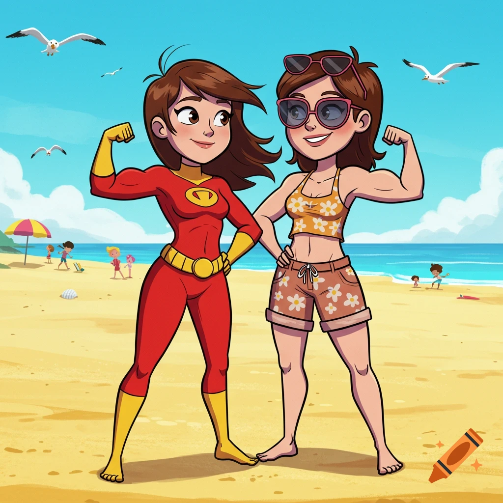 A cartoon of two women, one in a red superhero suit and one in a floral crop top and shorts, flexing muscles on a sunny beach.