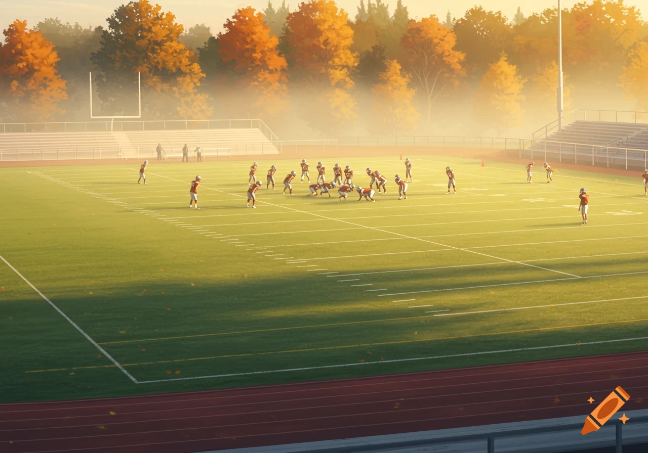 A stylized football game on a green field with players, goalposts, stadium seating, and autumn trees in a misty background.