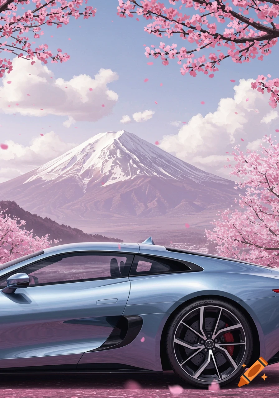A light blue sports car on a road with Mount Fuji and cherry blossoms in the background, in an anime art style.