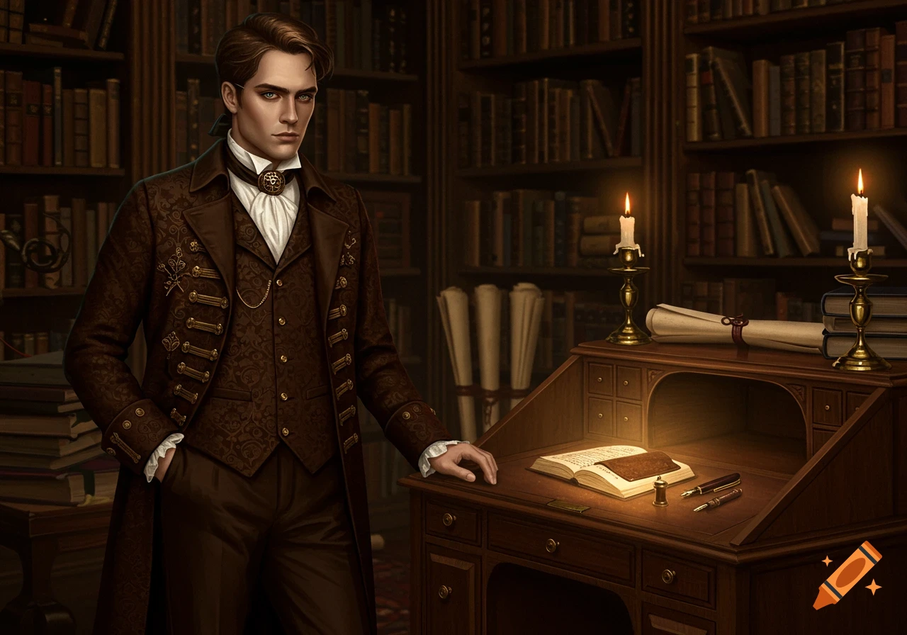 A man in a dark brown maximalist outfit stands next to a candlelit wooden desk with an open book in a dimly lit library.