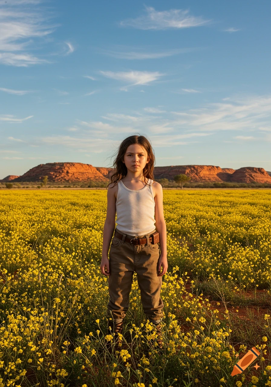 A photorealistic image of a young girl standing in a vast field of yellow flowers with red mountains under a blue sky.