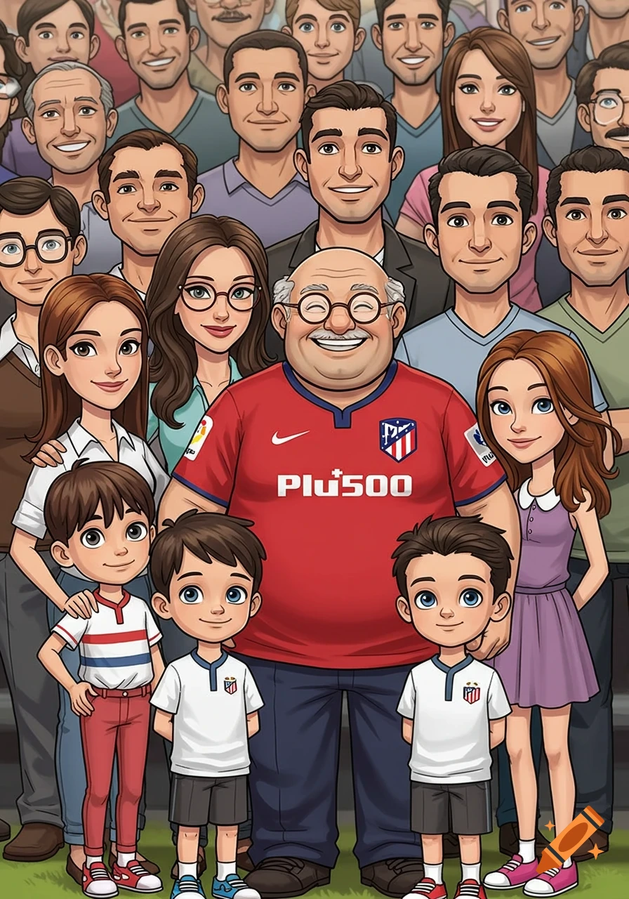Cartoon family portrait with a smiling grandfather in a red Atletico Madrid jersey surrounded by adults and children.