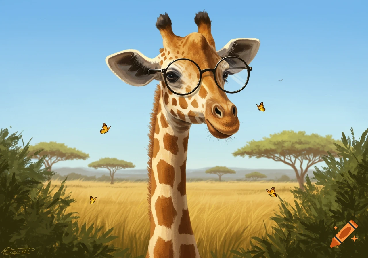 A friendly cartoon giraffe wearing round glasses stands in a sunny savanna with acacia trees and butterflies.