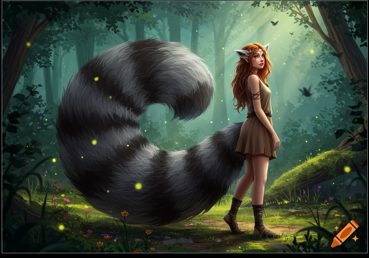 A fantasy woman with long reddish hair, elf ears, and a huge fluffy raccoon tail stands in a magical forest with glowing fireflies, digital art.