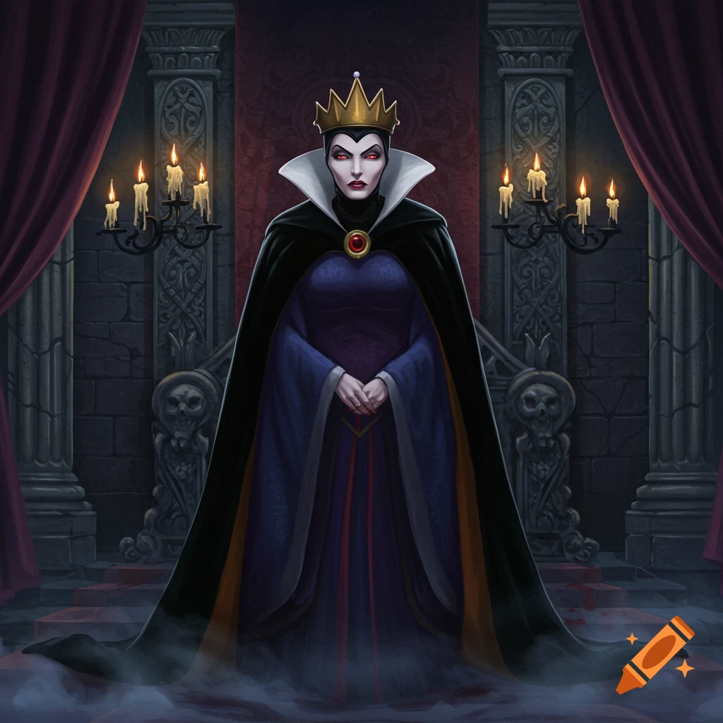 Vampire Disney's Evil Queen with a gold crown and black cape stands in a dark gothic chamber with lit candelabras.