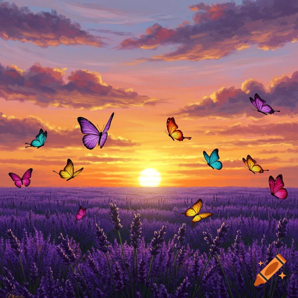 Vibrant painting of colorful butterflies flying over a purple lavender field at sunset.