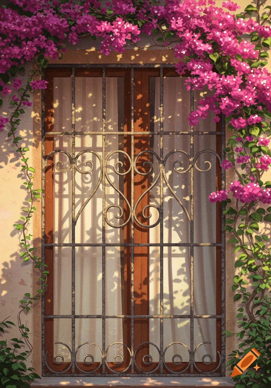 An illustrated close-up of a sunlit window with ornate iron bars, surrounded by vibrant pink bougainvillea flowers and green vines.