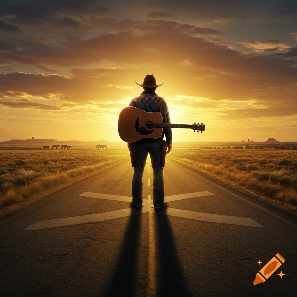 A lone cowboy with a guitar on his back stands on a country road at sunset, looking towards the vast, golden-lit landscape with distant horses.