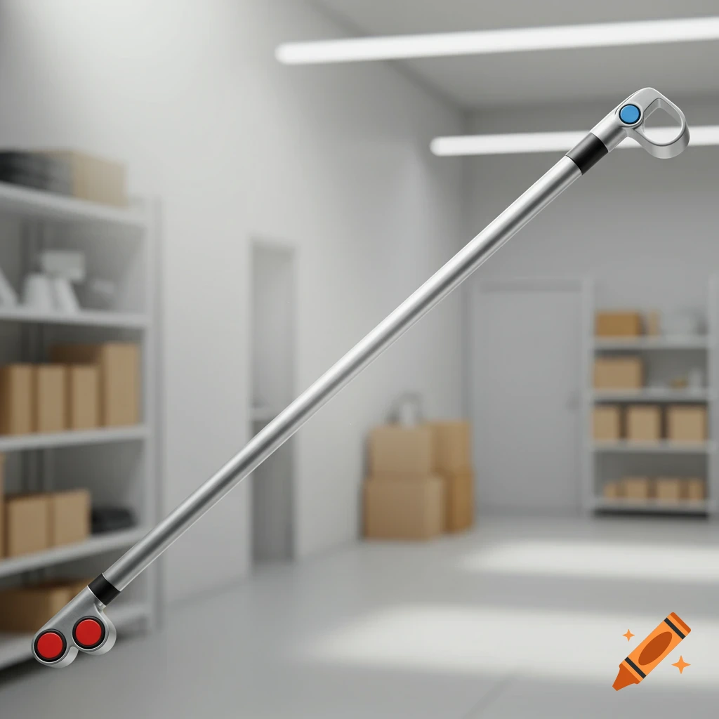 A silver extended stick with two red buttons on one end and a blue button and loop on the other, set in a blurred warehouse.