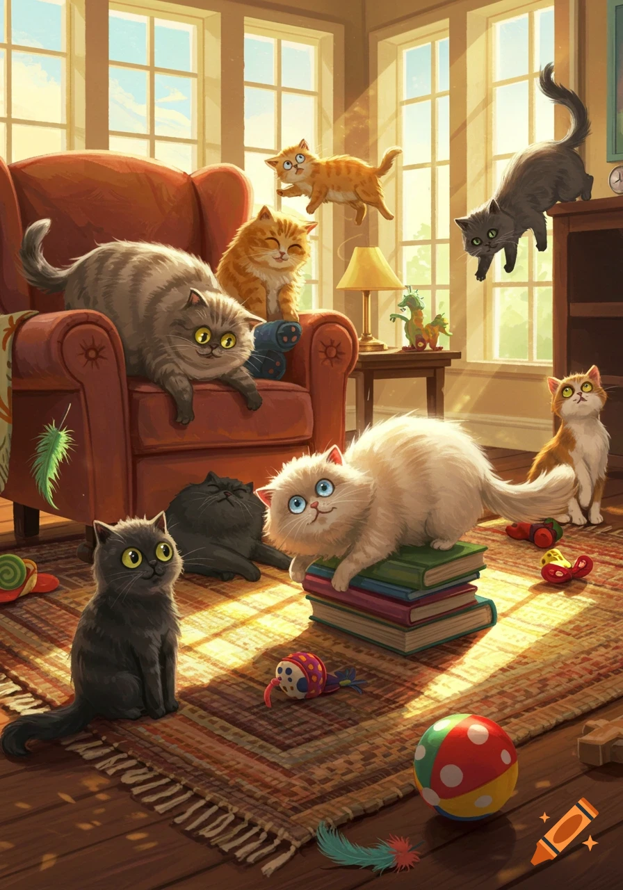 Stylized illustration of many cats playing and lounging in a sunlit, cozy living room.