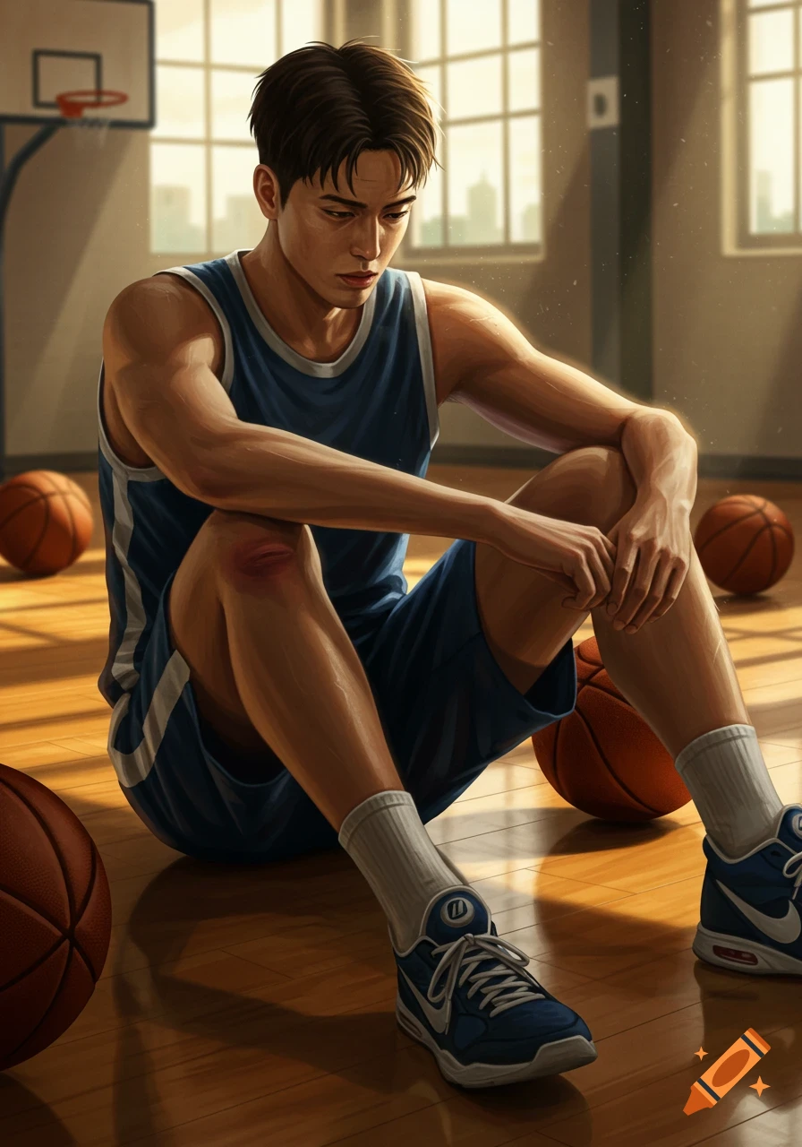 An anime-style male basketball player sits on a wooden court, looking down with a bruise on his left knee, surrounded by basketballs.