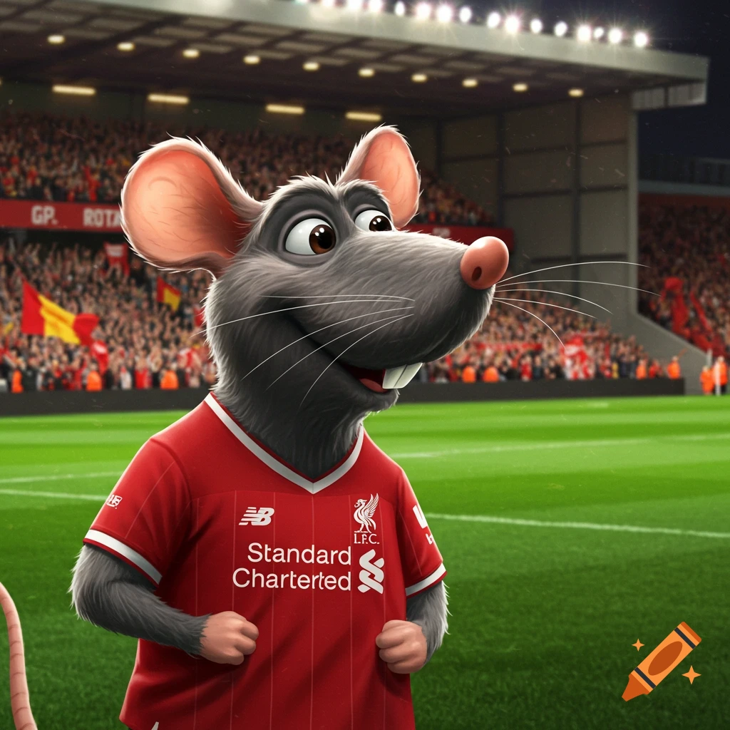 An anthropomorphic gray rat mascot wearing a red Liverpool FC soccer jersey stands on a green pitch in a stadium filled with cheering fans, looking happy.