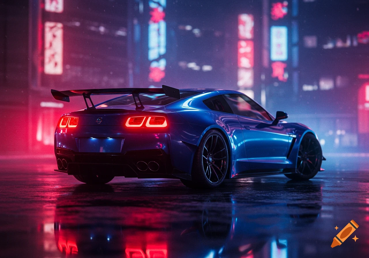 A blue sports car with a large spoiler is parked on a wet street at night, reflecting neon red and blue lights from a blurry cyberpunk city background.