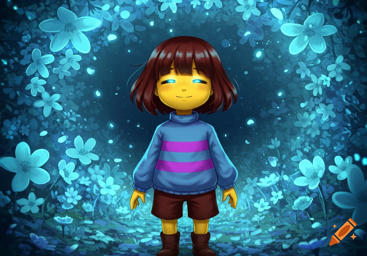 Frisk from Undertale stands centered in a dark blue, glowing floral environment, with bright yellow glowing eyes.