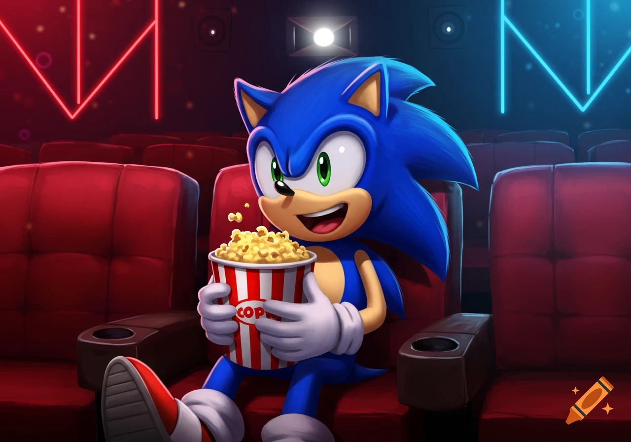 Sonic the Hedgehog smiles while sitting in a movie theater, holding a bucket of popcorn.
