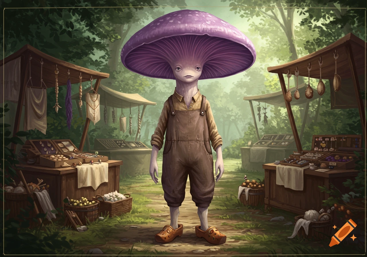 An anthropomorphic mushroom merchant with a large purple cap and brown overalls stands in a lush forest market, digital illustration.
