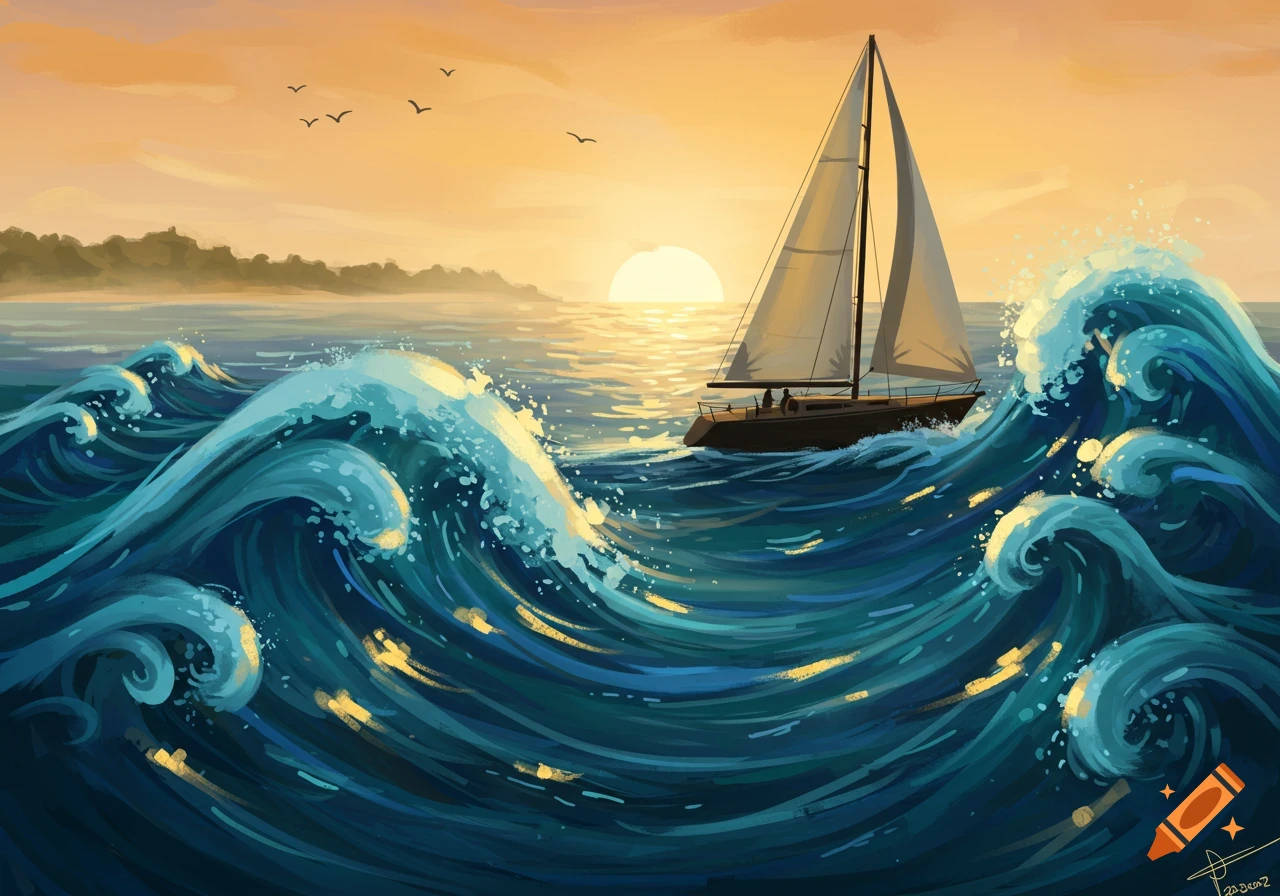 A sailboat on large, abstract teal and blue waves, illuminated by a vibrant orange sunset in a painterly style.