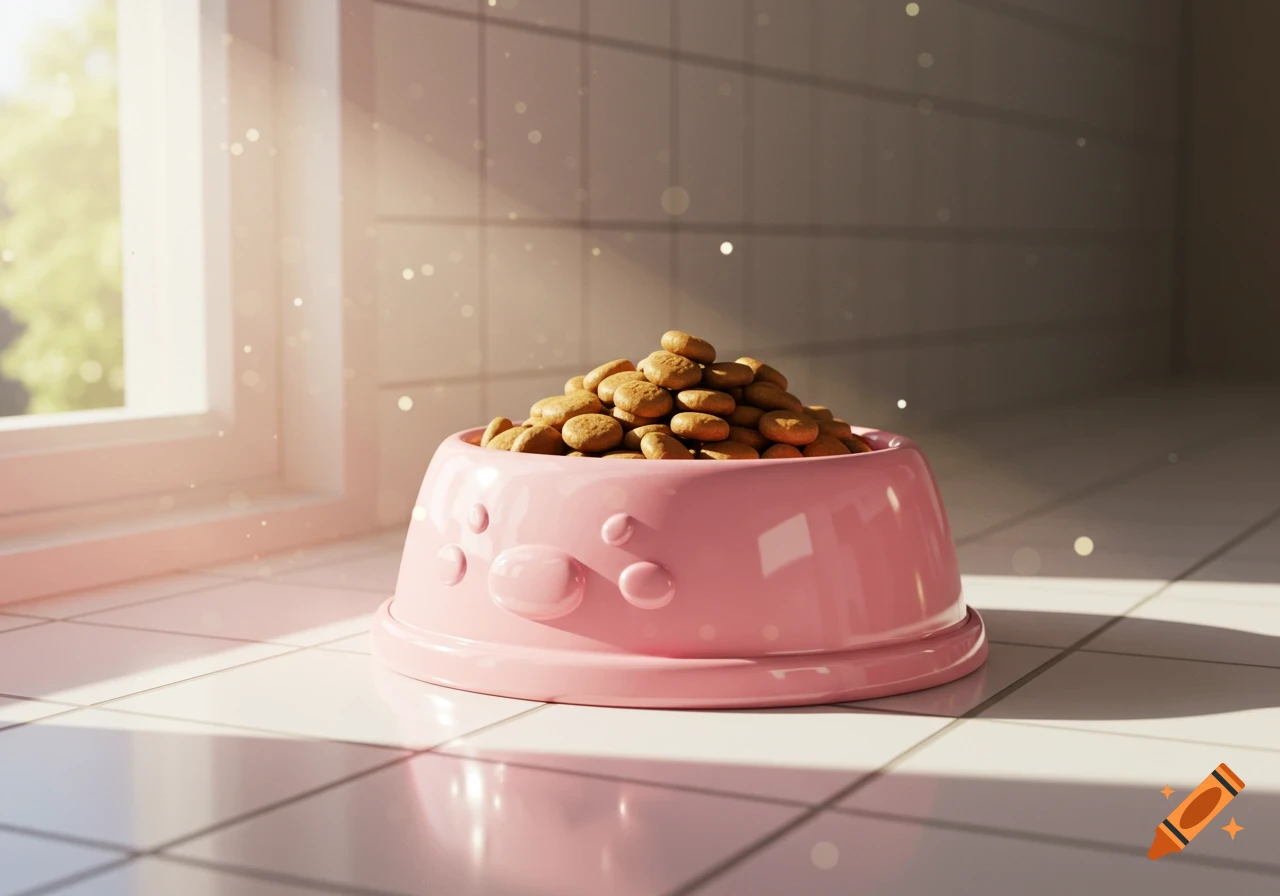 A pink pet food bowl filled with dry kibble sits on a tiled floor by a sunlit window, with sparkling dust motes in the air.