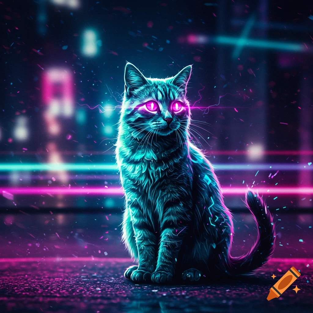 A glowing, turquoise cyberpunk cat with bright pink eyes sits on a neon-lit city street with purple light streaks.