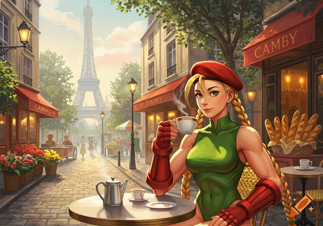 Cammy from Street Fighter, in her green leotard and red beret, sips coffee at a Parisian cafe with the Eiffel Tower in the background, in an anime art style.