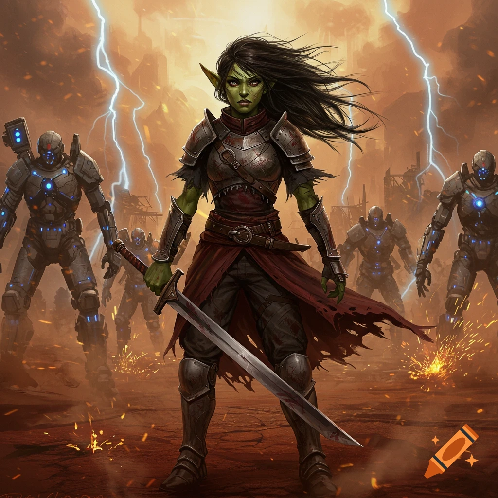 A half-goblin female warrior in armor with a broadsword stands ready for battle against robots in a desolate, lightning-filled landscape, digital painting.