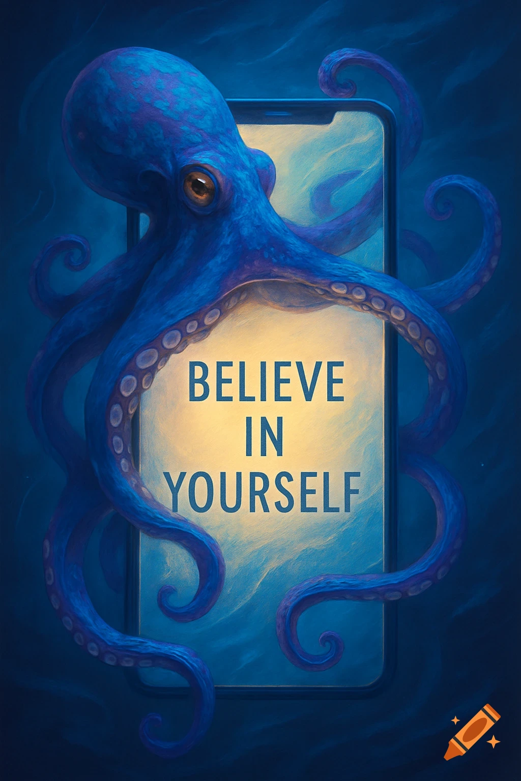 A blue and purple octopus wraps around a smartphone displaying 'BELIEVE IN YOURSELF' on its screen, against a dark blue background.