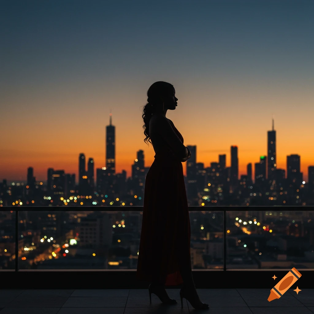 Silhouette of a woman in a dress overlooking a city skyline at sunset.