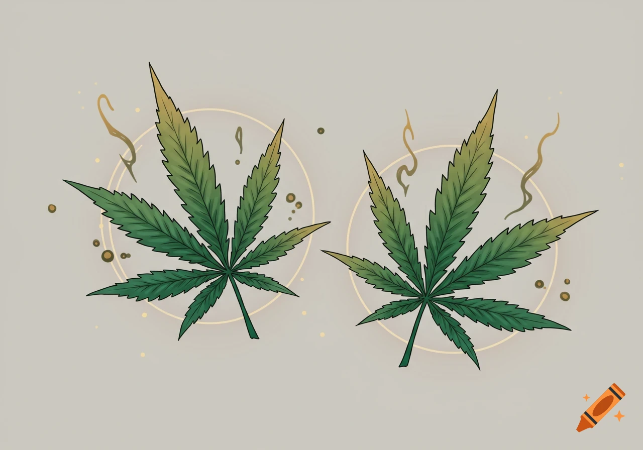 Two green and yellow stylized marijuana leaves with a subtle golden aura on a light gray background.