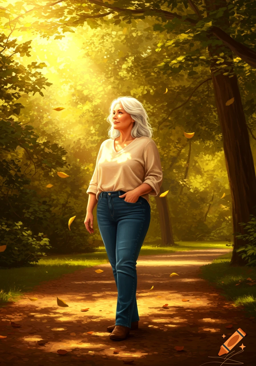 A white woman with gray hair, wearing a beige top and jeans, walks on a sunlit path through an autumn forest with falling leaves.