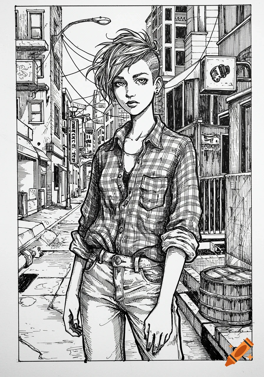 Ink drawing of a tomboyish girl with short, undercut hair, wearing a plaid shirt and jeans, standing in a city alley.